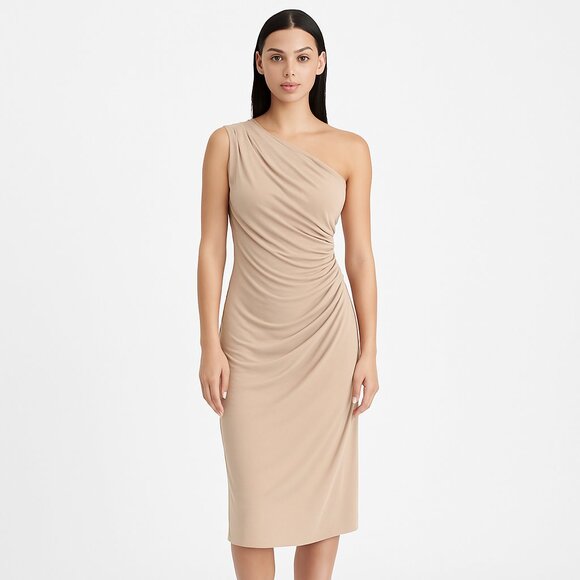 MICHAEL KORS ITALY asymmetric one-shoulder draped bodycon dress taupe 8 NEW MICHAEL KORS ITALY asymmetric one-shoulder draped bodycon dress taupe 8 NEW